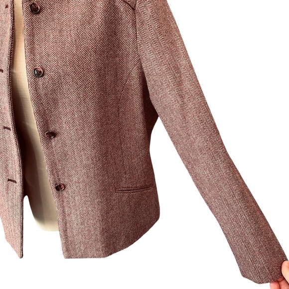 VINTAGE WOOL LADY JACKET ASTOR ONE BURGUNDY MAROON HERRINGBONE WINTER BLAZER - Picture 6 of 13